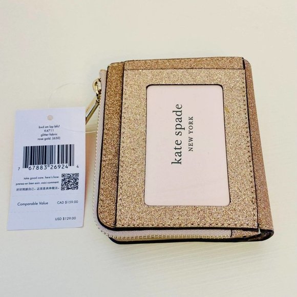 Kate spade shimmy glitter boxed small l-zip bifold wallet rose gold - Picture 3 of 4